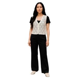 Tally-Ho Women’s L Boho Crochet Knit Vest White Button Ramie Cotton Vintage